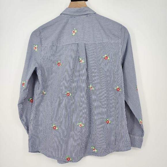 Charter Club Womens Button Front Top Size 10 Blue White Stripe All Over Flowers - Picture 7 of 8